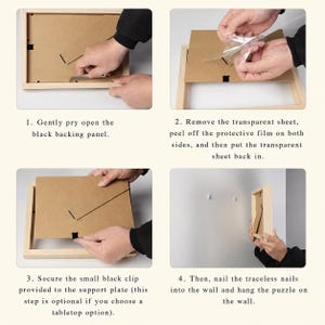 Puede incluir: Una gu&iacute;a de instrucciones de cuatro pasos para montar un marco de fotos de madera clara. Los pasos muestran c&oacute;mo abrir el panel trasero negro, retirar la pel&iacute;cula protectora de una l&aacute;mina transparente, asegurar un clip negro y colgar el marco.