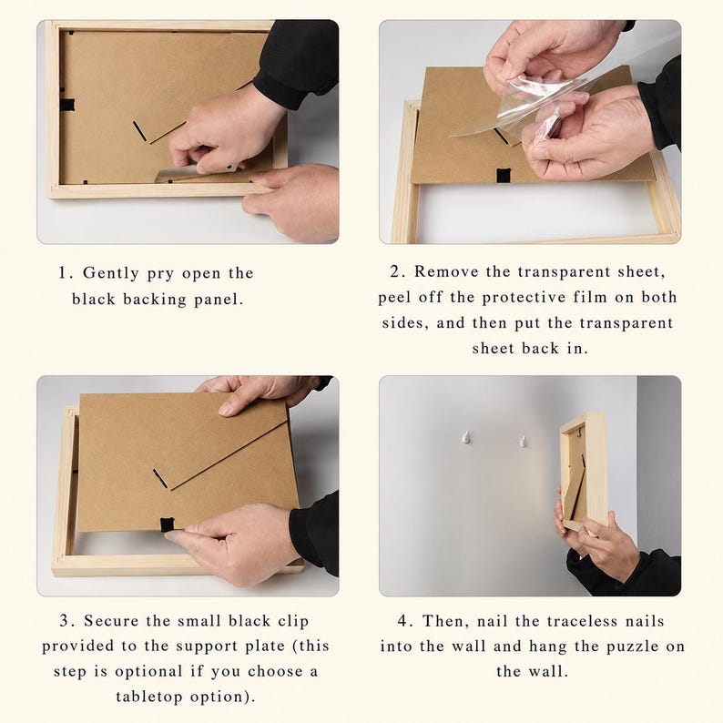 Puede incluir: Una gu&iacute;a de instrucciones de cuatro pasos para montar un marco de fotos de madera clara. Los pasos muestran c&oacute;mo abrir el panel trasero negro, retirar la pel&iacute;cula protectora de una l&aacute;mina transparente, asegurar un clip negro y colgar el marco.