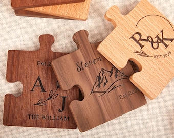 Personalised Couples Coaster Set, Engraved Jigsaw Wooden Coaster, Wood Anniversary Wedding Gift,Custom Coasters Set,Wood Coaster
