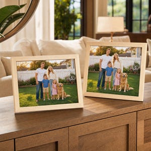 Puede incluir: Dos marcos de fotos rectangulares de madera clara expuestos uno al lado del otro. Cada marco contiene una fotograf&iacute;a de una familia compuesta por dos adultos, dos ni&ntilde;os y un golden retriever de pie sobre un c&eacute;sped verde frente a una valla blanca.