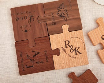 Personalised Couples Coaster Set, Engraved Jigsaw Wooden Coaster, Wood Anniversary Wedding Gift,Custom Coasters Set,Wood Coaster