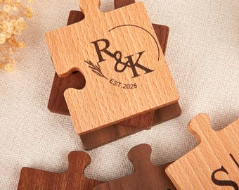 Personalised Couples Coaster Set, Engraved Jigsaw Wooden Coaster, Wood Anniversary Wedding Gift,Custom Coasters Set,Wood Coaster