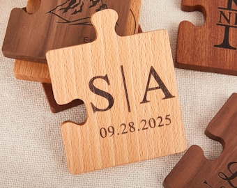 Personalised Couples Coaster Set, Engraved Jigsaw Wooden Coaster, Wood Anniversary Wedding Gift,Custom Coasters Set,Wood Coaster