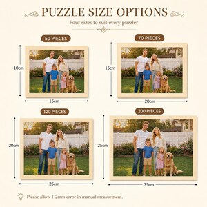 Puede incluir: Un gr&aacute;fico titulado PUZZLE SIZE OPTIONS que muestra cuatro rompecabezas fotogr&aacute;ficos rectangulares con una familia y un perro. Los tama&ntilde;os son: 50 piezas 10cm por 15cm, 70 piezas 15cm por 20cm, 120 piezas 20cm por 25cm y 200 piezas 25cm por 35cm.