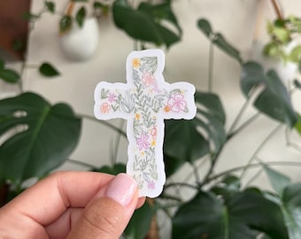 Floral Cross Sticker: Waterproof Christian Decal