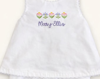 Embroidered Cotton Baby Girl Swing Set – Tulip Flowers, Custom Name Outfit