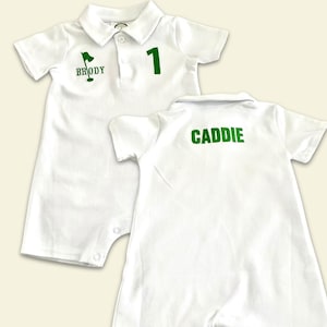 Baby Golf Caddie Polo Romper – Custom Name & Number – Green Golf Outfit – Spring Tournament Toddler