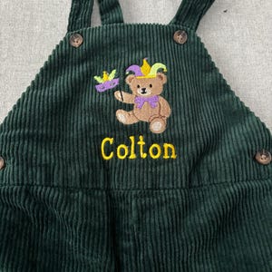 Mardi Gras Toddler and Baby Boys' Green Corduroy Bib Overall | Fat Tuesday Kids Apparel | Alligator | Jester