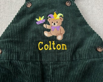 Mardi Gras Toddler and Baby Boys' Green Corduroy Bib Overall | Fat Tuesday Kids Apparel | Alligator | Jester