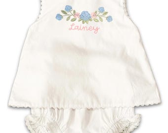 Floral Embroidered Baby Girl Diaper Set – Blue Hydrangea Name Outfit – Custom Cotton Summer Set