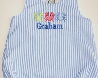 Summer Boys Crab Trio Sun Bubble Suit | Personalized Name | Seersucker Romper