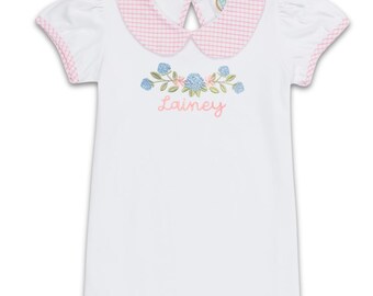 Baby Girl Peter Pan Collar Shirt – Embroidered Hydrangea Name Top – Pink Gingham Blouse
