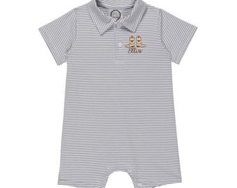Longhorn Embroidered Boy's Short Sleeved Polo and Collared Romper - Striped | Texas Burnt Orange | Personalized