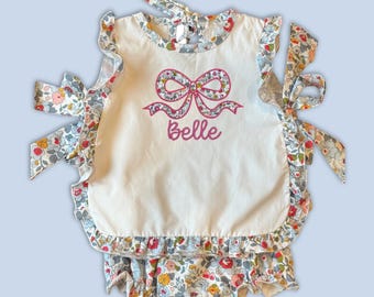 Girls Floral Bloomer Set with Side Bows | Personalized Baby Outfit | Custom Monogram Diaper Set | Ruffle Summer Apron Set