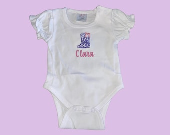 Cowgirl Boot Embroidered Baby Onesie – Western Ruffle Bodysuit with Chinoiserie Bow, Cute Cowgirl Outfit for Babies | Personalized