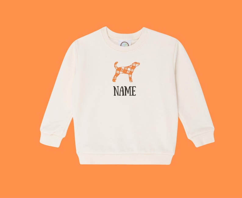 May include: Cream-coloured sweatshirt with long sleeves. It features an orange and white plaid dog graphic and the word "NAME" in black block letters. The sweatshirt is set against an orange background.
