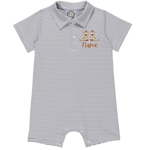 Longhorn Embroidered Boy&#39;s Short Sleeved Polo Style Collared Romper - Striped | Cute Texas Outfit | Personalized