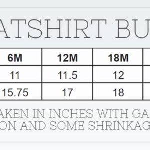 May include: A white graphic with the text "SWEATSHIRT BUBBLE" and a size chart. The chart shows chest width and length measurements in inches for sizes 6M to 3. Measurements are taken with the garment lying flat.