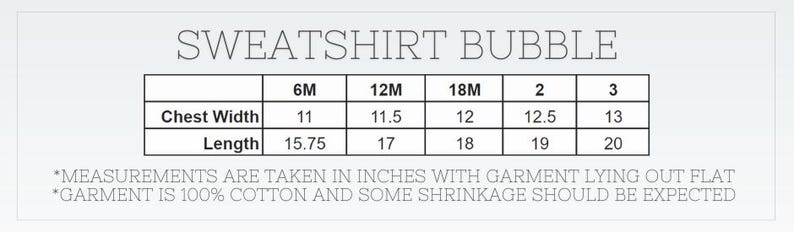 May include: A white graphic with the text "SWEATSHIRT BUBBLE" and a size chart. The chart shows chest width and length measurements in inches for sizes 6M to 3. Measurements are taken with the garment lying flat.