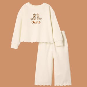 Longhorn Outfit Baby & Toddler Girl Scalloped Set | French Terry Sweatshirt and Pants | Texas Football Game Day | Ivory | Embroidered Edges