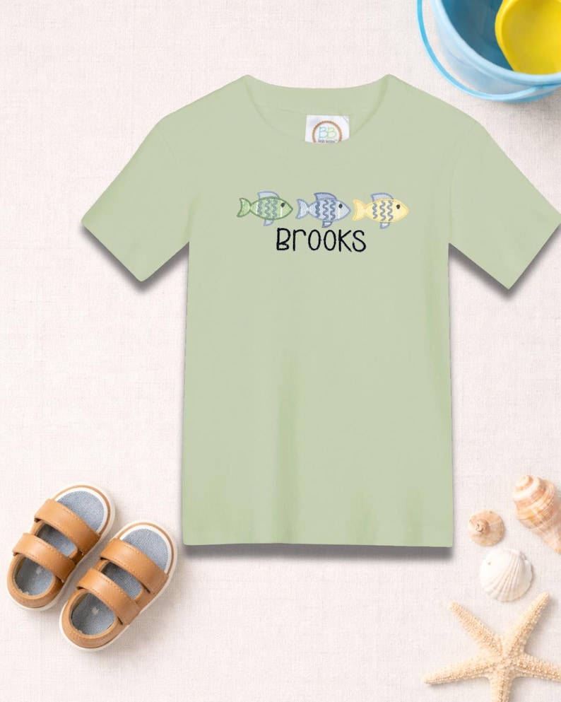 Fish Embroidered Shirt for Boys | Custom Toddler Summer Tee | Coastal Kids Fishing Outfit | Beach Vacation Shirt Personalized image 1