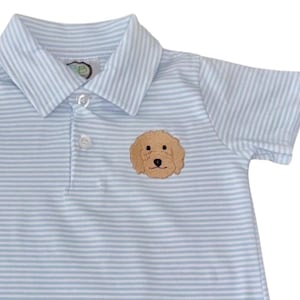 Goldendoodle Embroidered Boy's Short Sleeved Polo Style Collared Romper - Striped | Toddler & Baby Dog Doodle Outfit | Personalized