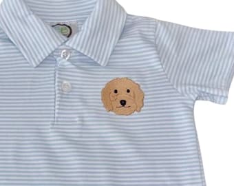 Goldendoodle Broderad Kortärmad Sparkdräkt med Polokrage för Pojkar - Randig | Hundklotter-outfit för Småbarn och Baby | Personlig