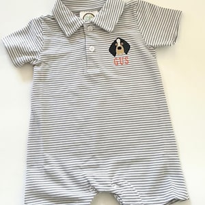 Tennessee Game Day Polo Romper - Dog Embroidered Boy's Short Sleeved Style Collared Onesie - Striped |Toddler & Baby Outfit | Personalized