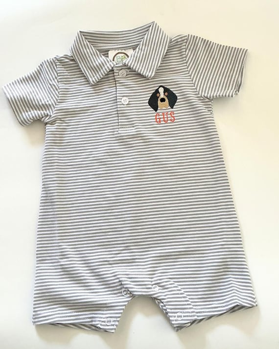 Tennessee Game Day Polo Romper - Dog Embroidered Boy's Short Sleeved Style Collared Onesie - Striped |Toddler & Baby Outfit | Personalized