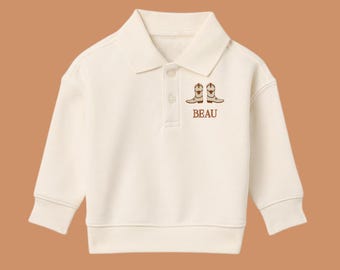 Longhorn Outfit Babies, Toddlers, and Boys' French Terry Polo Sweatshirt | Texas Football | Game Day | Ivory