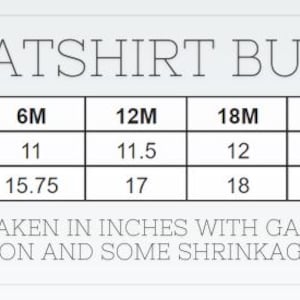 May include: A white graphic with the text "SWEATSHIRT BUBBLE" and a size chart. The chart shows chest width and length measurements in inches for sizes 6M to 3. Measurements are taken with the garment lying flat.