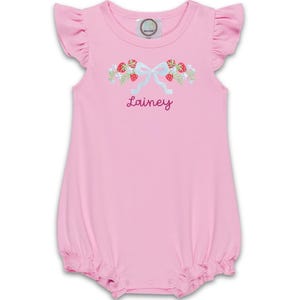 Strawberry Bow Flutter Sleeve Bubble – Pink Personalized Baby Girl Romper 6M–3T
