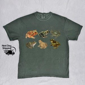 Puede incluir: Una camiseta verde oscuro con un estampado gr&aacute;fico de seis ranas diferentes en varias poses. Las ranas son de tonos verdes, marrones y naranjas.