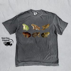 May include: A dark gray t-shirt with a graphic print of six frogs in different poses. The frogs are green, brown, and black.