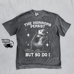 Retro Funny Possum Says 90s Graphic Shirt, Vintage The Horrors Persist But So Do I T-Shirt, Retro Washed Distressed Tee, Funny Teenager Gift