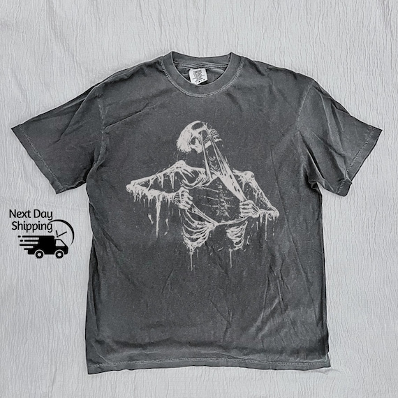 【oan】Elec Skeleton Vintage Washing Short Sleeve T-Shirt Vintage Skeleton Ripping Rip Cage 90s Shirt, Retro Skeleton