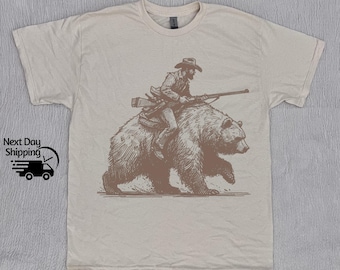 Retro Cowboy Riding Bear 90s Graphic Shirt, Vintage Cowboy And Bear T-Shirt, Retro Washed Distressed Tee, Teenager Gift, Cool Men Gift