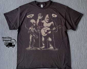 Retro Bigfoot and  Alien With Electric Guitar Shirt, Vintage Funny Guitar Lovers T-Shirt, Vintage Distressed Shirt, Funny Teenagers Gift