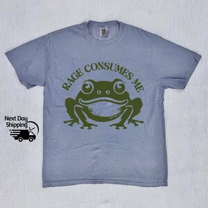 May include: A light blue t-shirt with a green frog graphic and the text "Rage Consumes Me".