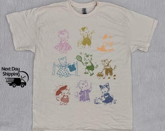 Cute Vintage Kitten 1950&#39;s Story Book Style Shirt, Vintage Kittens T-shirt, Vintage Washed Shirt, Retro Distressed Shirt, Cute Women Gift