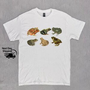 Puede incluir: Camiseta blanca con un gr&aacute;fico de seis ranas diferentes en varias poses. Las ranas son verdes, marrones y naranjas con marcas negras.
