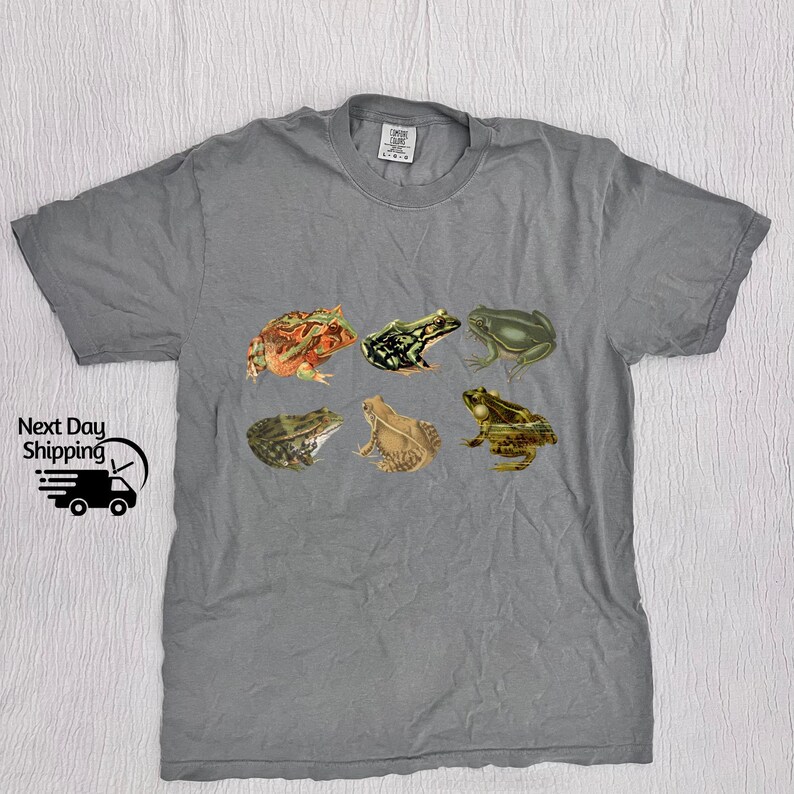 Puede incluir: Una camiseta gris con un estampado de siete ranas en diferentes poses. Las ranas son verdes, marrones y naranjas.