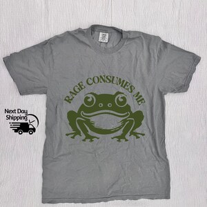 May include: A gray t-shirt with a green frog graphic and the text "Rage Consumes Me".