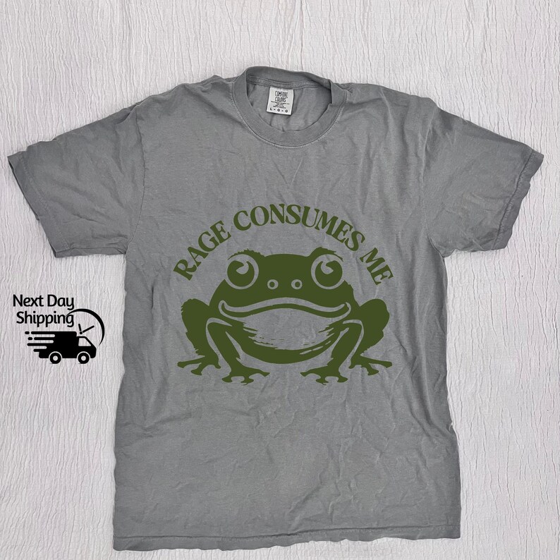 May include: A gray t-shirt with a green frog graphic and the text "Rage Consumes Me".