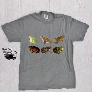 May include: Gray t-shirt with a print of six different frogs in various poses. The frogs are brown, green, and tan.