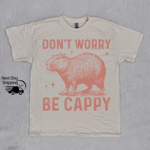 May include: A beige t-shirt with a pink graphic of a capybara and the text "Don't Worry Be Cappy".