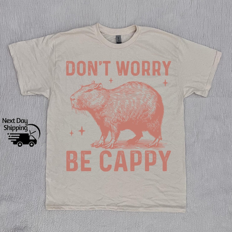 May include: A beige t-shirt with a pink graphic of a capybara and the text "Don't Worry Be Cappy".
