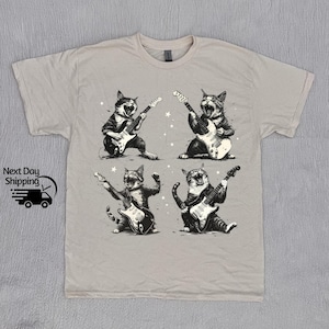 Retro Rock N Rolls Cats 90s Graphic Shirt, Vintage Cats Playing Rock Guitar T-Shirt, Retro Washed Distressed Tee, Cool Rock Music Lover Gift
