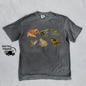Puede incluir: Una camiseta gris oscuro con un estampado gr&aacute;fico de seis ranas diferentes. Las ranas est&aacute;n en varias poses y colores, incluyendo verde, marr&oacute;n y naranja.