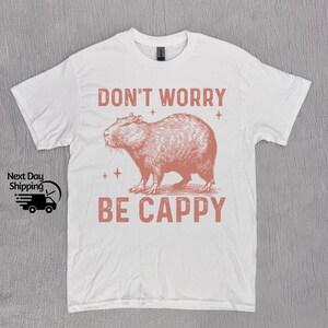 May include: White t-shirt with a pink graphic of a capybara and the text "Don't Worry Be Cappy".